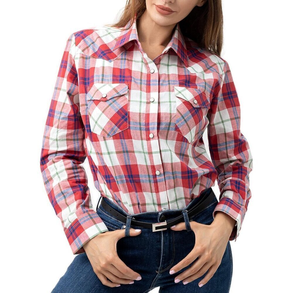 Pure Cotton Long Sleeve Western Shirts for Women's with Snap Buttons Plaid